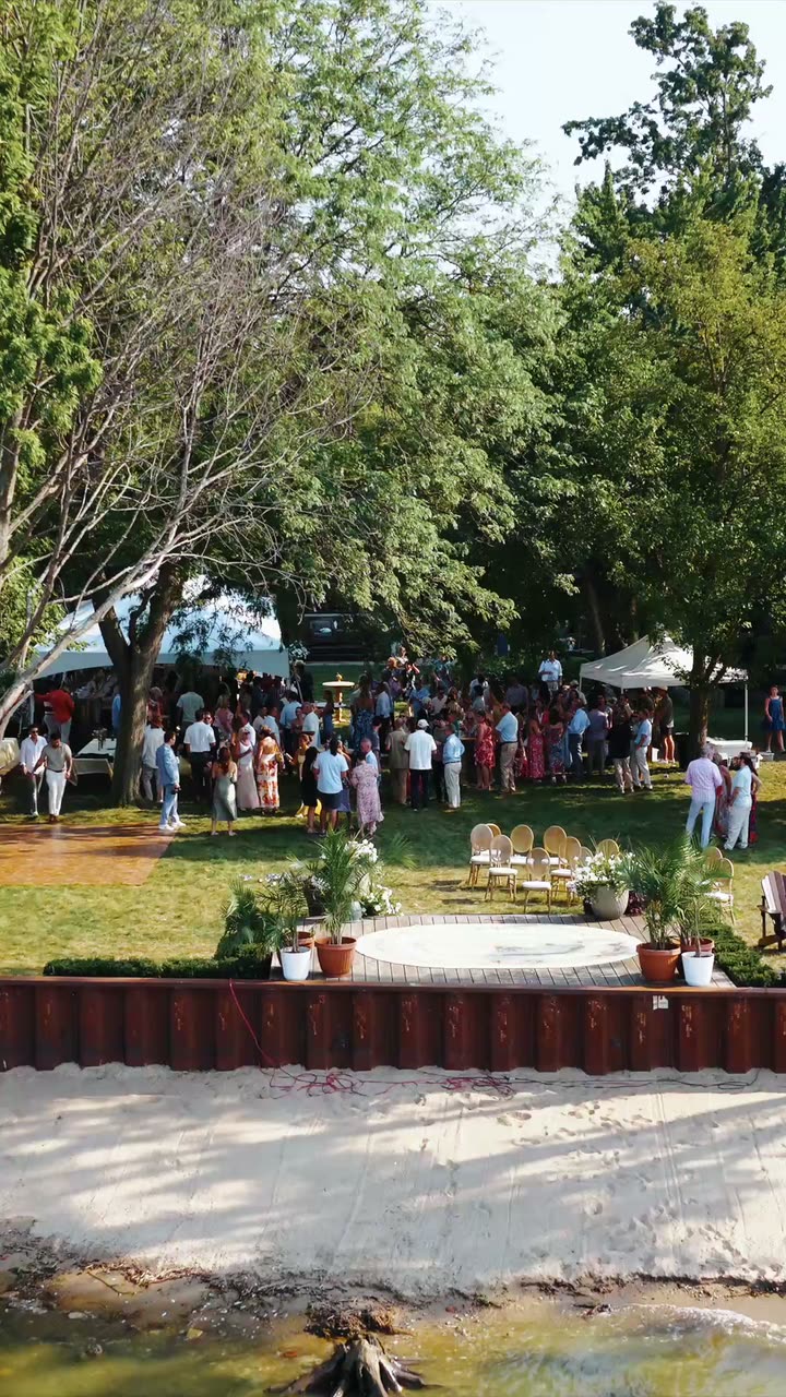 Aerial view of an outdoor wedding ceremony